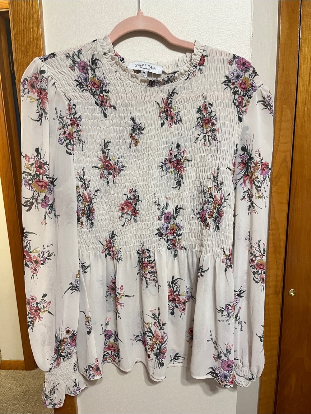 Sweet Rain Cream Floral Smocked Peplum long sleeve blouse
